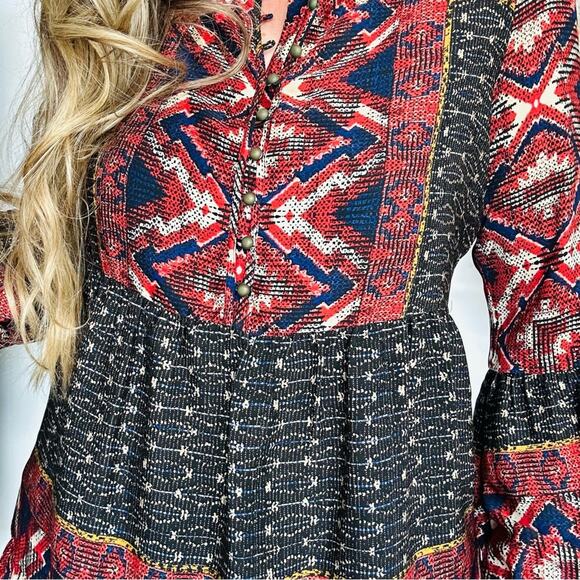 ANTHROPOLOGIE JOSEPH KONRAD Zydeco Red Black Peasant Silky Blouse Tunic Top M - Picture 5 of 10